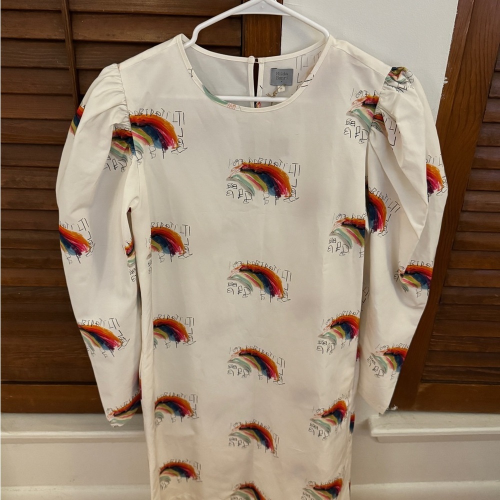 Girls' Rainbow Print Cream Dress with Puff Sleeves